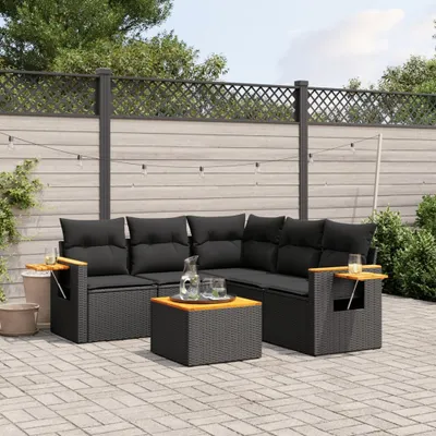 Produktbild von Design 6-tlg. Garten-Sofagarnitur mit Kissen Schwarz Poly Rattan, Gartenmöbel-Sets 2024 Neu
