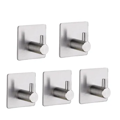 A set of five brushed stainless steel adhesive hooks against a white background.