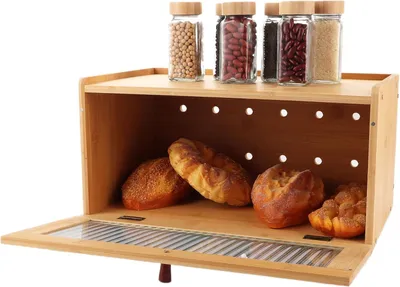 Produktbild von Holz-Bambus-Brotbox - 40 x 24 x 20 cm - Stapelbar - Frischhaltende Brotdose mit Deckel.
