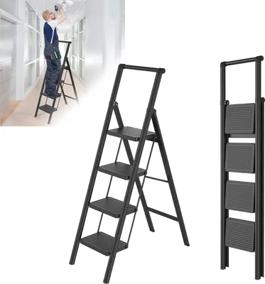 Image de XINZI Escabeau 4 marches pliable avec main courante, escabeau domestique antidérapant, escabeau pliant, bureau, portable et stable, supporte jusqu'à 250KG, noir