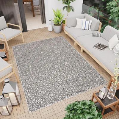 Produktbild von Teppich Outdoor Indoor Grau Schwarz Balkon Terrasse Wasserfest UV-Beständig 80 x 150 cm