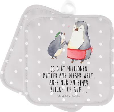 Produktbild von Mr. & Mrs. Panda Topfuntersetzer Pinguin mit Kind - Grau Pastell - Geschenk, Familie, Ofenlappen, Topflappen Set, Muttertag, topfhalter, Kochlappen, Mama, Vorbild, Mutter