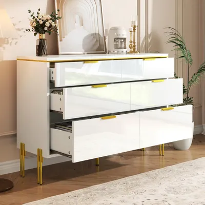 Productafbeelding van Dressoir met 6 lades, wit en goud, met glanzende deuren, ideaal voor veel opbergruimte in de woonkamer, eetkamer en hal