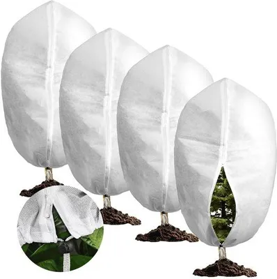 Image de Sacs de protection hivernale Unyqoos® pour plantes – réutilisables, en tissu non tissé de 70 g, respirants et déperlants, avec fermeture éclair et cordon de serrage, de couleur blanche