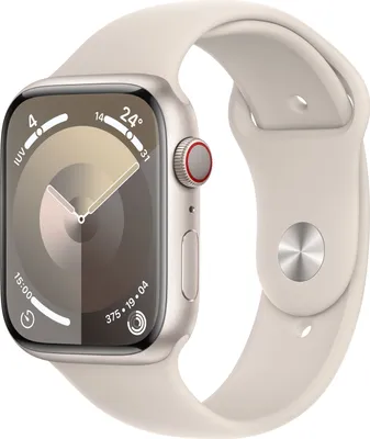 Produktbild von Apple Watch Series 9 GPS + Cellular 45 mm Sportarmband aus Aluminium und Weiß (Starlight) MRM83QL/A – Größe S/M