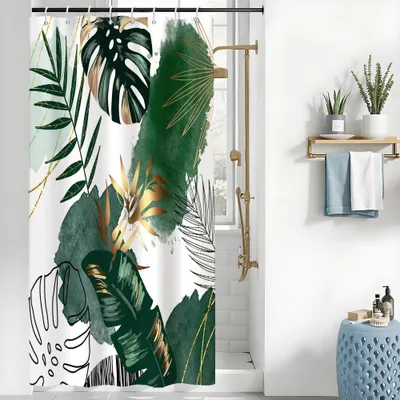 Produktbild von Grüner Duschvorhang, 120 x 180 cm, abstraktes Duschvorhangmotiv mit tropischen Dschungelpalmenblättern und Monstera, schimmelresistenter Stoff, waschbar, wasserdichter Badezimmervorhang mit 8 Haken für das Badezimmer