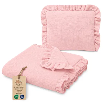 Obrázek produktu pro Mušelínová deka pro miminka sada s polštářem 75x60 cm Pudrově růžová