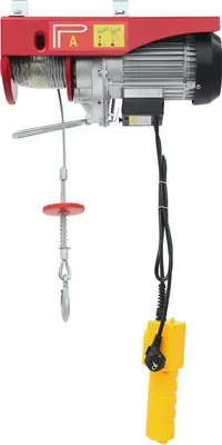 Obrázek produktu pro Elektrický lanový naviják/naviják – kabelové ovládání – 220 V 50 Hz – 1300 W – nosnost 800/400 kg – výška zdvihu 6/12 m – zástrčka EU – červená barva
