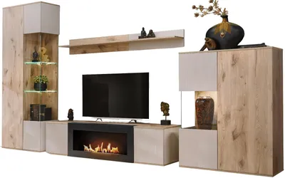 Produktbild von Wohnwand "Cathlyn" Eiche und Kaschmir, Schrankwand mit Ethanol Kamin, inkl. LED, 350 x 197 cm