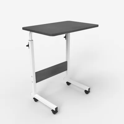 A studio shot of a black and white adjustable side table with wheels.