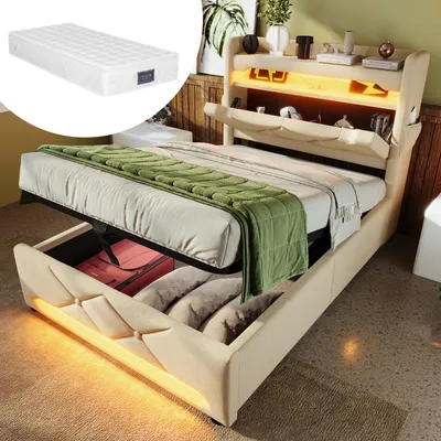 Image de okwish Lit coffre 90×200 cm avec matelas, LED et rangement hydraulique, sommier inclus, tête de lit avec ports USB et Type-C – beige