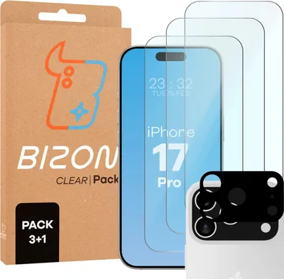 Produktbild von 3x Gehärtetes Glas + Kameraschutz für iPhone 17 Pro, Bizon Glass Clear Pack