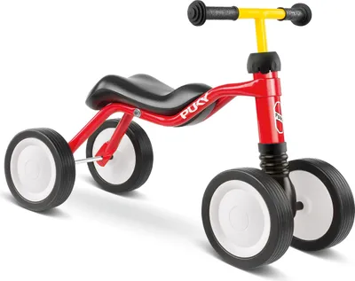A red PUKY WUTSCH ride-on toy for toddlers is shown against a white background.