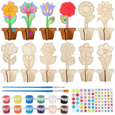 12 3D-Holzblumen zum Bemalen, Bastelset mit Pinseln und Farben