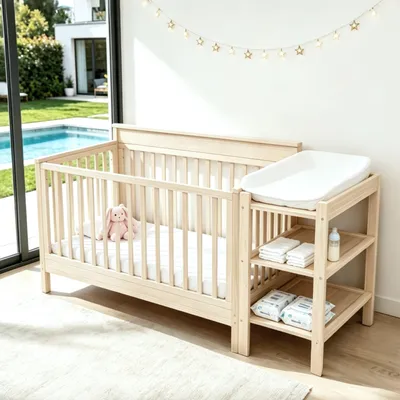 Produktbild von MODFU Gitterbetten Beistellbetten 70x140 mit abnehmbarem Schutzzaun und Wickeltisch Babybett Kinderbett mit 3-fach höhenverstellbar,ohne Matratze,Natu