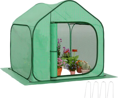 Produktbild von Outsunny Mini-Pop-Up-Gewächshaus, kleines Gartengewächshaus für Gemüse, Pflanzen und Blumen, mit Reißverschlusstür, PE-Winterzelt, für drinnen und draußen, 150 x 148 x 148 cm, Grün