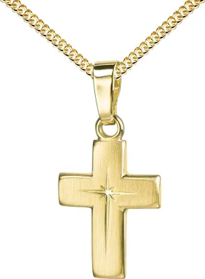 Produktbild von Kreuz-Anhänger  für Damen, Herren und Kinder mattiertes Kreuz mit strahlenförmiger Kreuz-Gravur als Kettenanhänger 925 Silber vergoldet + Schmuck-Etui mit Panzer-Kette vergoldet
