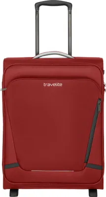 A red Travelite trolley suitcase against a white background.