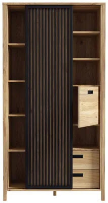 Regal Schrank JYTANA in Mauvella Eiche Optik und Schwarz mit vertikalem Lamellendekor und offenen Fachregalen, Gesamtansicht.