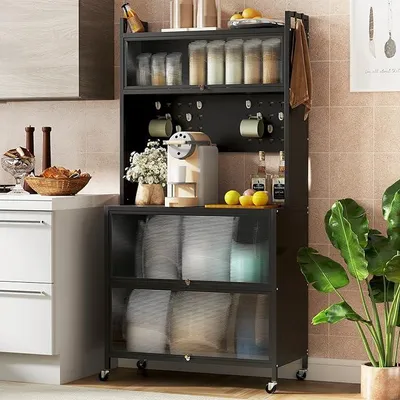 Immagine prodotto di Scaffale da cucina a 5 livelli, organizer con ampio piano di lavoro e rotelle, armadietto con ante, ganci e lavagne, nero