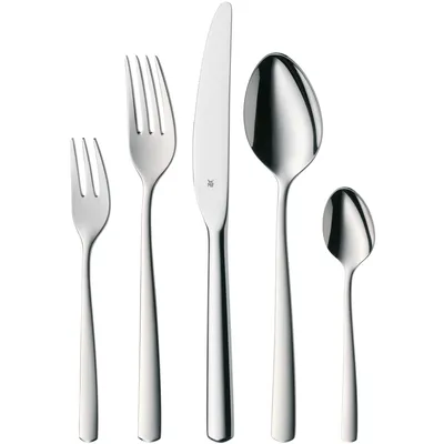 A set of five stainless steel cutlery pieces arranged vertically against a white background.