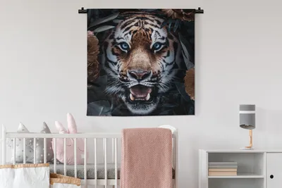 Produktbild von MuchoWow® Wandteppich Wandbehang Tiger - Blumen - Blatt 90x90 cm Tapisserie Dekoration Wandtuch - Wandaufhänger