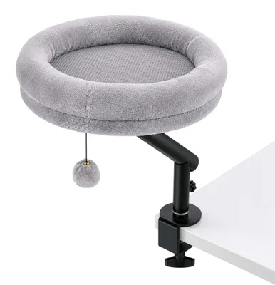 Produktbild von Fudajo Katzenbett für den Schreibtisch 40 x 40 cm hellgrau belastbar bis 15 kg, Katzenliege mit Klemmsystem, Kuschelbett mit Plüsch und Spielball