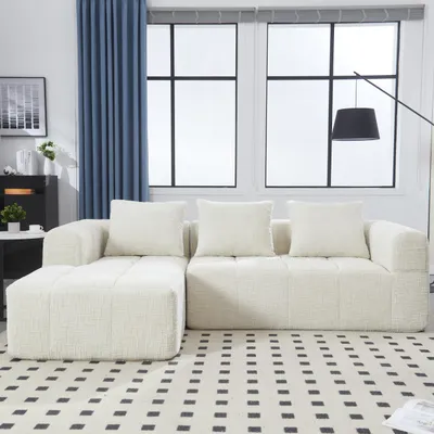 Immagine prodotto di Divano modulare moderno, divano a forma di L, divano a 3 posti, divano in velluto con chaise longue e braccioli, 3 cuscini, tasca laterale per il telecomando, color beige