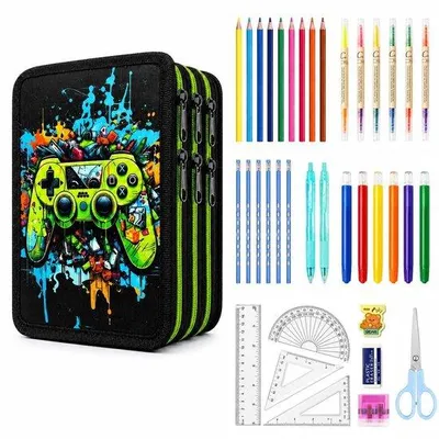 Productafbeelding van 41-delige Drie Compartment Pennen Etui - Groene Schoolset voor Kinderen