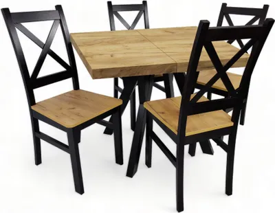 A dining set including a table and four chairs, presented against a white background.
