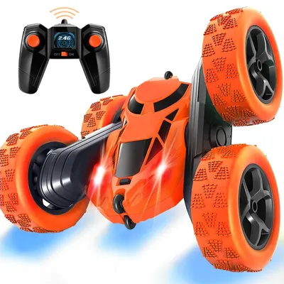 Productafbeelding van Afstandsbedieningsauto, 90 minuten speelduur, 2400 MHz, dubbelzijdig, 360° draaibare RC stuntauto met koplampen, 4WD, geschikt voor off-road gebruik, drift RC auto speelgoed, oranje