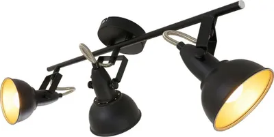 A black metal track light with three adjustable spotlights, each with a retro-style shade.