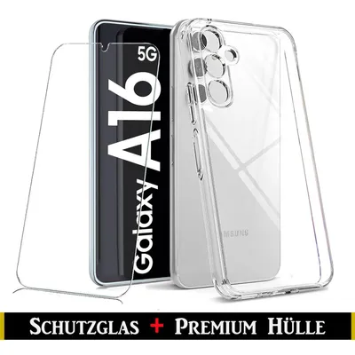 A clear protective case and screen protector are displayed next to a smartphone.