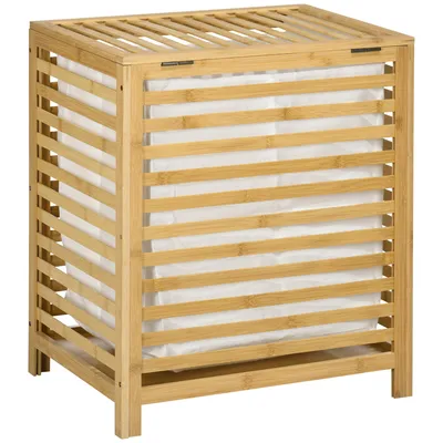 Produktbild von Wäschekorb Wäschetruhe 55 L Wäschebox mit Deckel, Natur, Entnehmbarer Wäschesack, für Schlafzimmer, Bad, Bambus, 50 x 36 x 60 cm