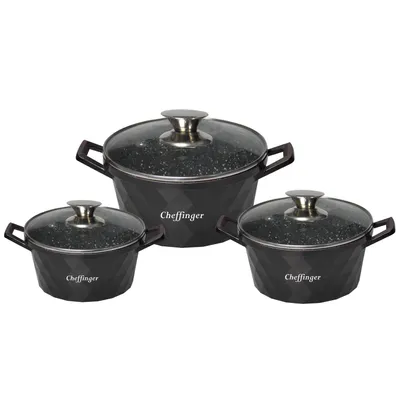 Produktbild von Cheffinger Cf-Diac03: 6-teiliges Diamant-Kasserollen-Set-20Cm,24Cm,28Cm Schwarz