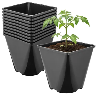 Image de Garronda, lot de 10 pots en plastique de forme carrée aux angles arrondis, avec trous de drainage, pour le jardin (noir, 14 x 14 x 14 cm (2 L)) GD-KW-SR