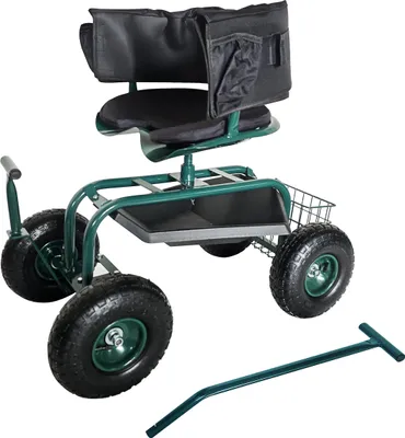 Obrázok produktu pre Relaxdays – záhradná lavica na kolieskach, výškovo nastaviteľná, nosnosť 150 kg, úložný priestor, riadiace tyče, sedací vankúš, operadlo, záhradný vozík, zelená
