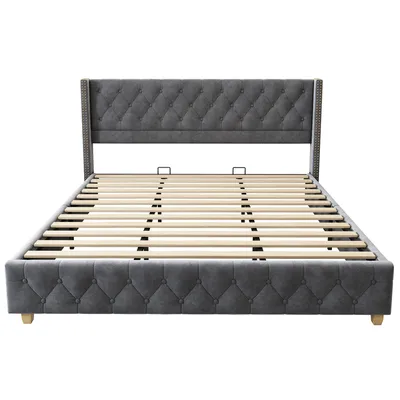 Produktbild von Flieks Polsterbett 180x200cm Jugendbett mit Lattenrost, Doppelbett Klassische Betten Kinderbett Massivholzbett, Samt, Grau