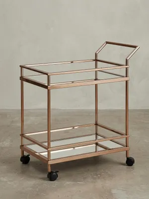 Produktbild von Design Servierwagen Dunkles Gold 2 Ebenen mit Bremsen, Beistelltisch auf Rollen, Speisewagen mit Glasplatte, Küchenwagen, Teewagen