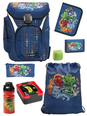 Produktbild von Lego Ninjago Schulranzen 1. Klasse in Blau Ninja Schultaschen Set 8-teilig mit Federmappe, Brotdose und Trinkflasche