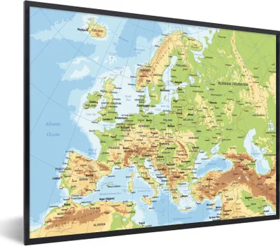 Produktbild von MuchoWow® MuchoWow® Gerahmtes Poster Karte - Europa - Land 80x60 cm - Poster mit zchwarzem Bilderrahmen - Schwarzem - Mit Gestell