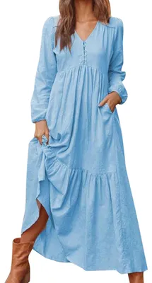 Imagen del producto de Vestido largo con cuello en V y mangas largas - Azul claro