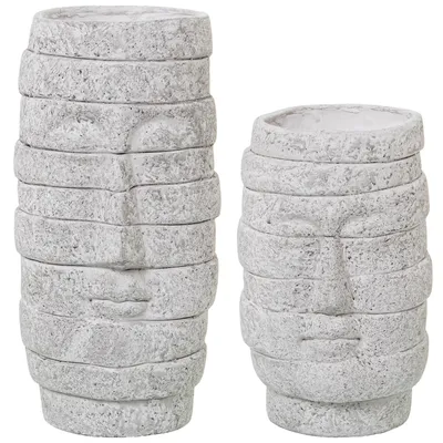 Produktbild von Set von 2 Vasen mit Keramikgesichtern in Granit-Effekt, 13 x 30 und 13 x 22 cm