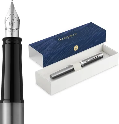 Productafbeelding van Waterman Impression Vulpen - Fijn vulstuk met blauwe inktvulling - Roestvrij staal met palladium-Gecoate afwerking