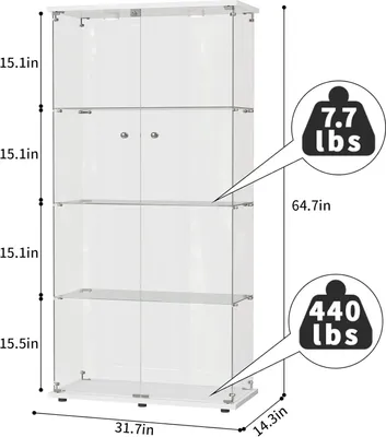 Immagine prodotto di Vetrina in vetro, vetrina in vetro a 4 strati, vetrina con illuminazione a led, serratura e 2 ante, vetrina da collezione con parete posteriore a specchio per oggetti da collezione, mobile da soggiorno e libri