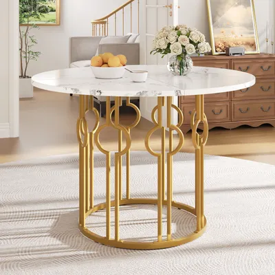 Produktbild von Flieks Rundtisch Esstisch, Küchentisch mit marmorierte Tischplatte und goldenen Metallbeinen, 100x100x76 cm