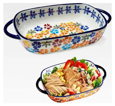 Produktbild von Rechteckige Auflaufform aus Keramik mit Griffen, Lasagneform für Ofen und Mikrowelle