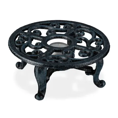 Image de Chauffe-théière Relaxdays, pour théières et cafetières, en fonte, pour 1 bougie chauffe-plat, style ancien, chauffe-théière rustique, gris