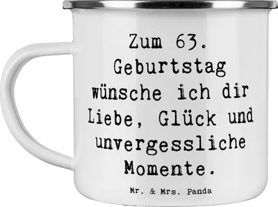 Produktbild von Mr. & Mrs. Panda Emaille Tasse Spruch 63. Geburtstag Liebe Glück Momente - Weiß - Geschenk, herzliche Glückwünsche, Becher, Pott, Happy Birthday, zum, Alter, Teetasse