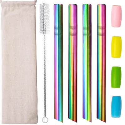 Produktbild von Bubble Tea Strohhalme Edelstahl 12mm Breit 4 Stück Bunt mit Reinigungsbürste und Silikonspitzen